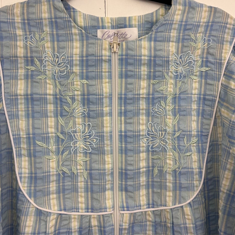 Collette by Miss Elaine Blue Plaid Floral Embroidered‎ Zip Front House Dress M - Picture 7 of 11
